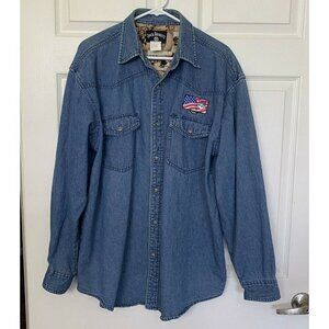 Jack Daniels Denim Men’s Large Shirt Blue Long Sleeve American Flag Dove Patch